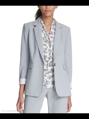 DKNY One-Button Blazer Light Blue Tailored Career Jacket Size 14